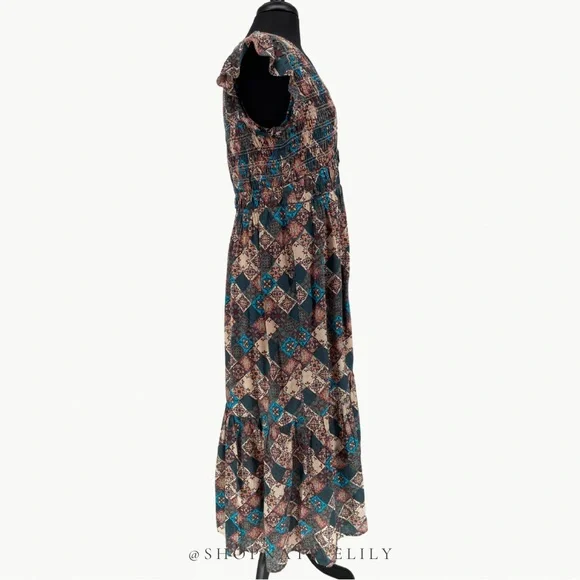 Anthropologie Women's The Peregrine Smocked Midi Dress Sz Large, Brown Multi - Picture 6 of 16